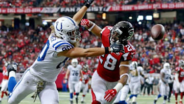 Nov 22, 2015; Atlanta, GA, USA; Atlanta Falcons cornerback Akeem King (28) breaks up a pass intended for Indianapolis Colts tight end Coby Fleener (80) in the third quarter of their game at the Georgia Dome. King was called for pass interference on the play. The Colts won 24-21. Mandatory Credit: Jason Getz-USA TODAY Sports