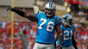 Sep 7, 2014; Tampa, FL, USA; Carolina Panthers defensive end Greg Hardy (76) during the first half against the Tampa Bay Buccaneers at Raymond James Stadium. Mandatory Credit: Kim Klement-USA TODAY Sports