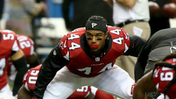 Aug 14, 2015; Atlanta, GA, USA; Atlanta Falcons linebacker Vic Beasley (44) warms-up before their game against the Tennessee Titans in a preseason NFL football game at Georgia Dome. Mandatory Credit: Jason Getz-USA TODAY Sports