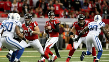 Nov 22, 2015; Atlanta, GA, USA; Atlanta Falcons quarterback Matt Ryan (2) drops back to pass as guard Andy Levitre (67) and offensive tackle Jake Matthews (70) block in the first quarter of their game against the Indianapolis Colts at the Georgia Dome. The Colts won 24-21. Mandatory Credit: Jason Getz-USA TODAY Sports