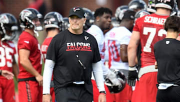 Jul 28, 2016; Flowery Branch, GA, USA; Atlanta Falcons head coach Dan Quinn on the field during training camp at the Atlanta Falcons Training Facility. Mandatory Credit: Dale Zanine-USA TODAY Sports