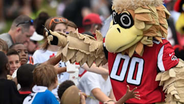 Jun 15, 2016; Flowery Branch, GA, USA; Atlanta Falcons mascot Freddy Falcon reacts with fans during mini camp at Falcons Training Complex. Mandatory Credit: Dale Zanine-USA TODAY Sports