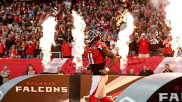 Nov 22, 2015; Atlanta, GA, USA; Atlanta Falcons wide receiver Julio Jones (11) runs onto the field before their game against the Indianapolis Colts at the Georgia Dome. The Colts won 24-21. Mandatory Credit: Jason Getz-USA TODAY Sports