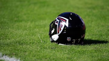 Dec 6, 2015; Tampa, FL, USA; A general view of a Atlanta Falcons helmet on the field prior to the game at Raymond James Stadium. Mandatory Credit: Kim Klement-USA TODAY Sports