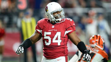 Nov 22, 2015; Glendale, AZ, USA; Arizona Cardinals linebacker Dwight Freeney (54) celebrates a sack against Cincinnati Bengals quarterback Andy Dalton (14) at University of Phoenix Stadium. Mandatory Credit: Joe Camporeale-USA TODAY Sports