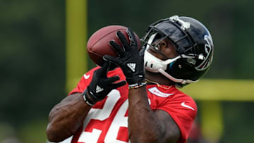 Jul 28, 2016; Flowery Branch, GA, USA; Atlanta Falcons running back Tevin Coleman (26) catches a pass during training camp at the Atlanta Falcons Training Facility. Mandatory Credit: Dale Zanine-USA TODAY Sports