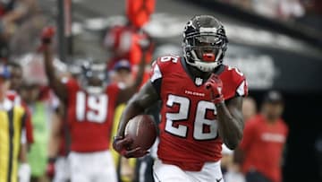 Sep 11, 2016; Atlanta, GA, USA; Atlanta Falcons running back Tevin Coleman (26) carries the ball in the third quarter of their game against the Tampa Bay Buccaneers at the Georgia Dome. The Buccaneers won 31-24. Mandatory Credit: Jason Getz-USA TODAY Sports