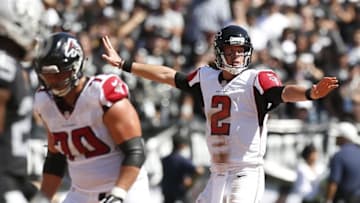 Sep 18, 2016; Oakland, CA, USA; Atlanta Falcons quarterback Matt Ryan (2) calls a play against the Oakland Raiders in the second quarter at Oakland-Alameda County Coliseum. Mandatory Credit: Cary Edmondson-USA TODAY Sports