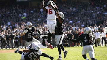 Sep 18, 2016; Oakland, CA, USA; Atlanta Falcons wide receiver Justin Hardy (16) catches a touchdown off a deflected pass against the Oakland Raiders in the fourth quarter at Oakland-Alameda County Coliseum. The Falcons defeated the Raiders 35-28. Mandatory Credit: Cary Edmondson-USA TODAY Sports