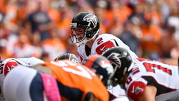 Oct 9, 2016; Denver, CO, USA; Atlanta Falcons quarterback Matt Ryan (2) calls out signals from the line of scrimmage in the first quarter against the Denver Broncos at Sports Authority Field at Mile High. Mandatory Credit: Ron Chenoy-USA TODAY Sports