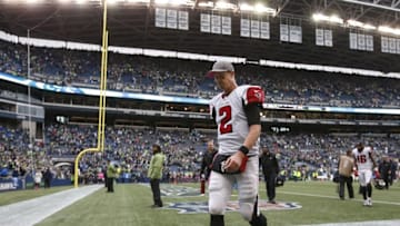Oct 16, 2016; Seattle, WA, USA; Atlanta Falcons quarterback Matt Ryan (2) walks back to the locker room following a 26-24 loss against the Seattle Seahawks at CenturyLink Field . Mandatory Credit: Joe Nicholson-USA TODAY Sports