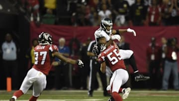 Sep 14, 2015; Atlanta, GA, USA; Philadelphia Eagles wide receiver Jordan Matthews (81) misses a pass that is intercepted by Atlanta Falcons cornerback Ricardo Allen (37) as Paul Worrilow (55) defends in the fourth quarter to preserve the win at the Georgia Dome. The falcons defeated the Eagles 26-24. Mandatory Credit: Dale Zanine-USA TODAY Sports