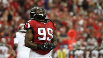 Sep 11, 2016; Atlanta, GA, USA; Atlanta Falcons defensive end Adrian Clayborn (99) celebrates a play in the first quarter against the Tampa Bay Buccaneers at the Georgia Dome. Mandatory Credit: Jason Getz-USA TODAY Sports