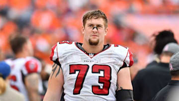 Oct 9, 2016; Denver, CO, USA; Atlanta Falcons tackle Ryan Schraeder (73) during the second half against the Denver Broncos at Sports Authority Field at Mile High. The Falcons defeated the Broncos 23-16. Mandatory Credit: Ron Chenoy-USA TODAY Sports