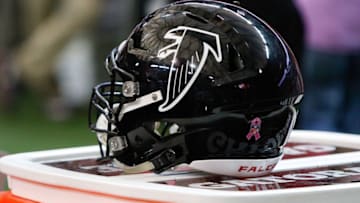 Oct 23, 2016; Atlanta, GA, USA; Detailed view of an Atlanta Falcons helmet on the sidelines against the San Diego Chargers in the first quarter at the Georgia Dome. Mandatory Credit: Brett Davis-USA TODAY Sports