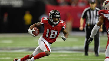 Nov 27, 2016; Atlanta, GA, USA; Atlanta Falcons wide receiver Taylor Gabriel (18) runs for a touchdown against the Arizona Cardinals during the second half at the Georgia Dome. The Falcons defeated the Cardinals 38-19. Mandatory Credit: Dale Zanine-USA TODAY Sports