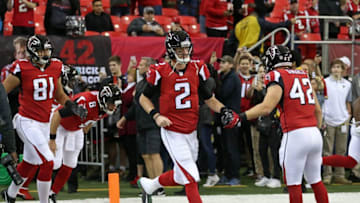 Dec 4, 2016; Atlanta, GA, USA; Atlanta Falcons quarterback Matt Ryan (2) greets fullback Patrick DiMarco (42) prior to their game against the Kansas City Chiefs at the Georgia Dome. Mandatory Credit: Jason Getz-USA TODAY Sports