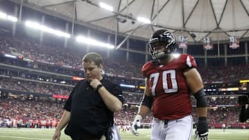 Dec 4, 2016; Atlanta, GA, USA; Atlanta Falcons tackle Jake Matthews (70) walks off of the field after getting injured in first quarter of their game against the Kansas City Chiefs at the Georgia Dome. The Chiefs won 29-28. Mandatory Credit: Jason Getz-USA TODAY Sports