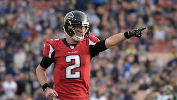 Dec 11, 2016; Los Angeles, CA, USA; Atlanta Falcons quarterback Matt Ryan (2) celebrates after throwing a 64-yard touchdown pass in the third quarter against the Los Angeles Rams at Los Angeles Memorial Coliseum. Mandatory Credit: Kirby Lee-USA TODAY Sports