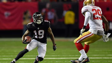 Dec 18, 2016; Atlanta, GA, USA; Atlanta Falcons wide receiver Aldrick Robinson (19) runs against San Francisco 49ers free safety Jaquiski Tartt (29) during the second half at the Georgia Dome. The Falcons defeated the 49ers 41-13. Mandatory Credit: Dale Zanine-USA TODAY Sports