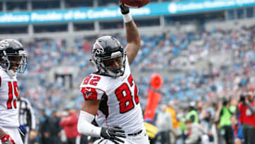 Dec 24, 2016; Charlotte, NC, USA; Atlanta Falcons tight end Josh Perkins (82) spikes the ball during the first quarter after a touchdown against the Carolina Panthers at Bank of America Stadium. Mandatory Credit: Jeremy Brevard-USA TODAY Sports