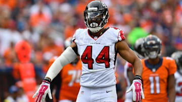 Oct 9, 2016; Denver, CO, USA; Atlanta Falcons outside linebacker Vic Beasley (44) celebrates his sack in the second half against the Denver Broncos at Sports Authority Field at Mile High. The Falcons defeated the Broncos 23-16. Mandatory Credit: Ron Chenoy-USA TODAY Sports