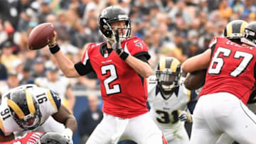 Dec 11, 2016; Los Angeles, CA, USA; Atlanta Falcons quarterback Matt Ryan (2) throws a pass during first half action against the Los Angeles Rams at the Los Angeles Memorial Coliseum. Mandatory Credit: Robert Hanashiro-USA TODAY Sports