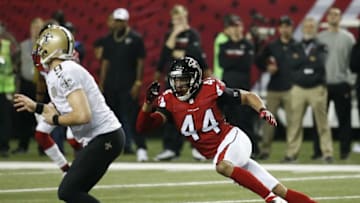 Jan 1, 2017; Atlanta, GA, USA; Atlanta Falcons outside linebacker Vic Beasley (44) applies pressure to New Orleans Saints quarterback Drew Brees (9) in the fourth quarter of their game at the Georgia Dome. The Falcons won 38-32. Mandatory Credit: Jason Getz-USA TODAY Sports