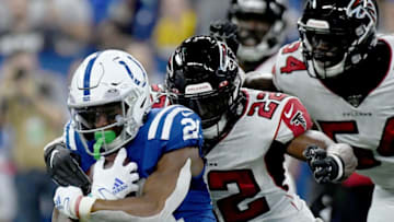 Nyheim Hines Indianapolis Colts Keanu Neal Atlanta Falcons (Photo by Bobby Ellis/Getty Images)