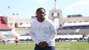 LOS ANGELES, CALIFORNIA - SEPTEMBER 29: Todd Gurley #30 of the Los Angeles Rams warms up prior to kickoff of the game against the Tampa Bay Buccaneers at Los Angeles Memorial Coliseum on September 29, 2019 in Los Angeles, California. (Photo by Joe Scarnici/Getty Images)