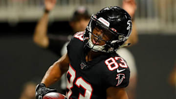 ATLANTA, GEORGIA - NOVEMBER 28: Russell Gage #83 of the Atlanta Falcons scores a touchdown against the New Orleans Saints in the second half at Mercedes-Benz Stadium on November 28, 2019 in Atlanta, Georgia. (Photo by Kevin C. Cox/Getty Images)
