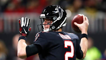 ATLANTA, GA - NOVEMBER 28: Matt Ryan #2 of the Atlanta Falcons looks to pass during the first half of an NFL game against the New Orleans Saints at Mercedes-Benz Stadium on November 28, 2019 in Atlanta, Georgia. (Photo by Todd Kirkland/Getty Images)