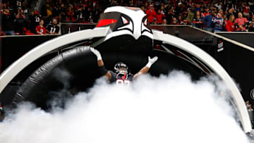 ATLANTA, GA - NOVEMBER 28: Grady Jarrett #97 of the Atlanta Falcons is introduced prior to an NFL game against the New Orleans Saints at Mercedes-Benz Stadium on November 28, 2019 in Atlanta, Georgia. (Photo by Todd Kirkland/Getty Images)