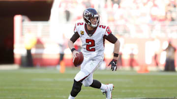 SANTA CLARA, CALIFORNIA - DECEMBER 15: Quarterback Matt Ryan #2 of the Atlanta Falcons scrambles with the ball in the second quarter against the San Francisco 49ers at Levi's Stadium on December 15, 2019 in Santa Clara, California. (Photo by Lachlan Cunningham/Getty Images)