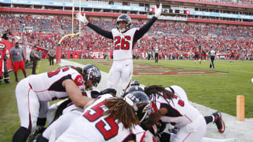 TAMPA, FLORIDA - DECEMBER 29: The Atlanta Falcons celebrate after Deion Jones #45 intercepted a pass by Jameis Winston #3 (not pictured) for a touchdown to defeat the Tampa Bay Buccaneers 28-22 in overtime at Raymond James Stadium on December 29, 2019 in Tampa, Florida. (Photo by Michael Reaves/Getty Images)