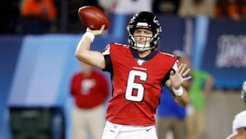 CANTON, OH - AUGUST 01: Kurt Benkert #6 of the Atlanta Falcons throws a pass in the first half of a preseason game against the Denver Broncos at Tom Benson Hall Of Fame Stadium on August 1, 2019 in Canton, Ohio. (Photo by Joe Robbins/Getty Images)