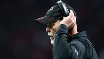 ATLANTA, GA - SEPTEMBER 15: Head coach Dan Quinn of the Atlanta Falcons looks on during the first half of a game against the Philadelphia Eagles at Mercedes-Benz Stadium on September 15, 2019 in Atlanta, Georgia. (Photo by Carmen Mandato/Getty Images)