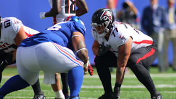 EAST RUTHERFORD, NEW JERSEY - SEPTEMBER 26: (NEW YORK DAILIES OUT) Jalen Mayfield #77 of the Atlanta Falcons in action against the New York Giants at MetLife Stadium on September 26, 2021 in East Rutherford, New Jersey.Atlanta Falcons defeated the New York Giants 17-14. (Photo by Mike Stobe/Getty Images)