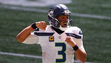 ATLANTA, GEORGIA - SEPTEMBER 13: Russell Wilson #3 of the Seattle Seahawks reacts after a rushing touchdown in the fourth quarter against the Atlanta Falcons at Mercedes-Benz Stadium on September 13, 2020 in Atlanta, Georgia. (Photo by Kevin C. Cox/Getty Images)