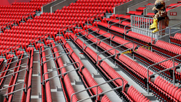 ATLANTA, GEORGIA - SEPTEMBER 13: Atlanta Falcons mascot Freddie Falcon looks on from the stands during the game against the Seattle Seahawks at Mercedes-Benz Stadium on September 13, 2020 in Atlanta, Georgia. (Photo by Kevin C. Cox/Getty Images)