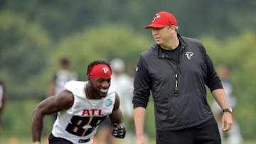 FLOWERY BRANCH, GA - JULY 30: Head coach Arthur Smith of the Atlanta Falcons watches while Frank Darby #88 participates in a drill during training camp at IBM Performance Field on July 30, 2021 in Flowery Branch, Georgia. (Photo by Edward M. Pio Roda/Getty Images)