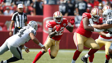 SANTA CLARA, CA - AUGUST 29: Wayne Gallman II #22 of the San Francisco 49ers rushes during the game against the Las Vegas Raiders at Levi's Stadium on August 29, 2021 in Santa Clara, California. The 49ers defeated the Raiders 34-10. (Photo by Michael Zagaris/San Francisco 49ers/Getty Images)
