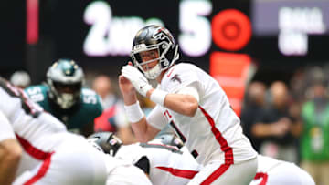 ATLANTA, GEORGIA - SEPTEMBER 12: Matt Ryan #2 of the Atlanta Falcons makes a call at the line of scrimmage during the game against the Philadelphia Eagles at Mercedes-Benz Stadium on September 12, 2021 in Atlanta, Georgia. (Photo by Todd Kirkland/Getty Images)
