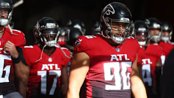 LONDON, ENGLAND - OCTOBER 10: Tyeler Davison #96 of the Atlanta Falcons prepares to walk onto the field during the NFL London 2021 match between New York Jets and Atlanta Falcons at Tottenham Hotspur Stadium on October 10, 2021 in London, England. (Photo by Clive Rose/Getty Images)