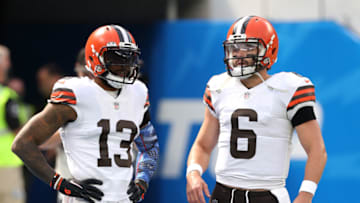 INGLEWOOD, CALIFORNIA - OCTOBER 10: Odell Beckham Jr. #13 and Baker Mayfield #6 of the Cleveland Browns talk on the field before the game against the Los Angeles Chargers at SoFi Stadium on October 10, 2021 in Inglewood, California. (Photo by Ronald Martinez/Getty Images)