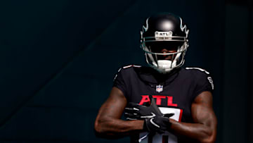 MIAMI GARDENS, FLORIDA - OCTOBER 24: Calvin Ridley #18 of the Atlanta Falcons takes the field before the game against the Miami Dolphins at Hard Rock Stadium on October 24, 2021 in Miami Gardens, Florida. (Photo by Michael Reaves/Getty Images)
