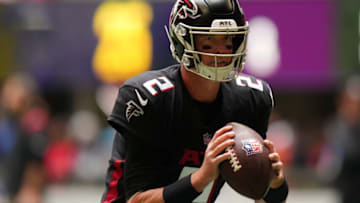 ATLANTA, GEORGIA - OCTOBER 31: Matt Ryan #2 of the Atlanta Falcons looks to pass against the Carolina Panthers at Mercedes-Benz Stadium on October 31, 2021 in Atlanta, Georgia. (Photo by Mark Brown/Getty Images)