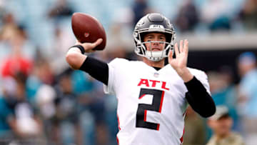 JACKSONVILLE, FLORIDA - NOVEMBER 28: Matt Ryan #2 of the Atlanta Falcons warms up before the game against the Jacksonville Jaguars at TIAA Bank Field on November 28, 2021 in Jacksonville, Florida. (Photo by Douglas P. DeFelice/Getty Images)
