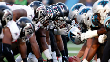 CHARLOTTE, NORTH CAROLINA - DECEMBER 12: The Carolina Panthers get set at the line of scrimmage against the Atlanta Falcons for a two-point conversion during the fourth quarter of the game at Bank of America Stadium on December 12, 2021 in Charlotte, North Carolina. (Photo by Grant Halverson/Getty Images)