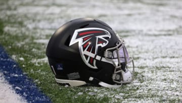 ORCHARD PARK, NY - JANUARY 02: A general view of an Atlanta Falcons players helmet on the field before a game against the Buffalo Bills at Highmark Stadium on January 2, 2022 in Orchard Park, New York. (Photo by Timothy T Ludwig/Getty Images)